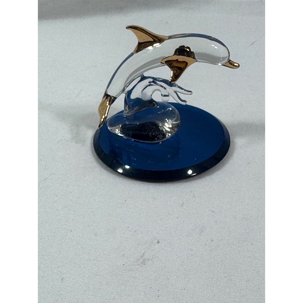 Glass Baron Dolphin Figurine 22kt Gold Trim Blue Mirror Base S2 282G-B Nautical